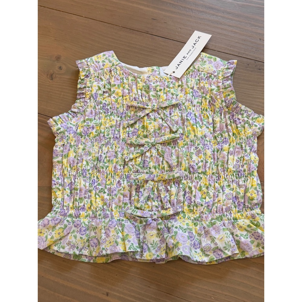 K46 Janie and Jack Girls 2T Floral Smocked Bow Top Purple Yellow Easter NWT